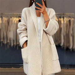 Elegante Lange Strickjacke | mit Taschen in Aprikose