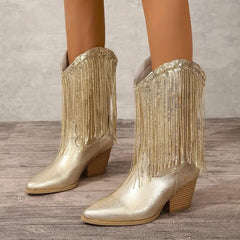 Mittlere Wade Cowboy Stiefel Für Damen| Absatz in Gold
