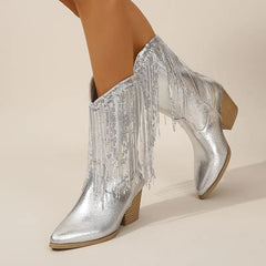 Mittlere Wade Cowboy Stiefel Für Damen| Absatz in Silber