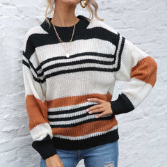 KONTRASTGESTREIFTER RUNDHALS-LANGARMPULLOVER | MODERNER STIL, KOMFORTABEL, VIELSEITIG in Mehrfarbig