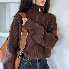 Sofia Soft-Touch Quarter-Zip Sweater in Brown