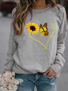 Damen Sweatshirt mit grafischem Schmetterlings- und Sonnenblumenmotiv in Grau