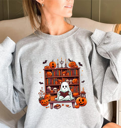Damen Sweatshirt mit herbstlichem Gruselmotiv und lässigen Puffärmeln in Hellgrau