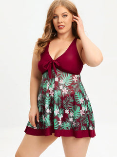 Kitija® | Bademode im Retro-Stil mit hoch tailliertem bedrucktem Plus-Size-Kleid in Kastanienbraun