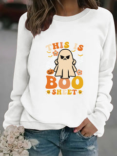 Damen Sweatshirt mit herbstlichem Geist-Print und lässigem Schnitt in Weiß