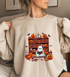 Damen Sweatshirt mit herbstlichem Gruselmotiv und lässigen Puffärmeln in Khaki