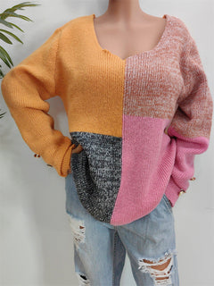 FARBLOCK DEKORATIVER KNOPF LANGARMPULLOVER | MODERNER STIL, KOMFORTABEL, VIELSEITIG in Mehrfarbig