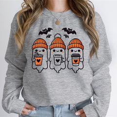 Damen Sweatshirt mit fröhlichem Gespenster-Design und gemütlicher Passform in Grau