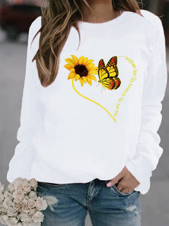 Damen Sweatshirt mit grafischem Schmetterlings- und Sonnenblumenmotiv in Weiß