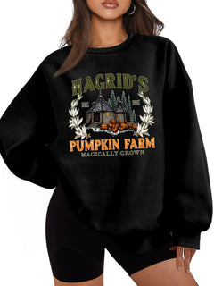 Damen Sweatshirt mit gemütlichem Rundhalsausschnitt und herbstlichem Kürbis-Motiv in Schwarz