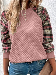 Damen Sweatshirt mit Gitterstruktur und karierten Ärmeln in Rosa