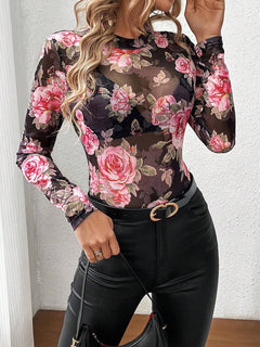 Damen Langarmshirt mit modernem abstraktem Design in Schwarz mit Blumen