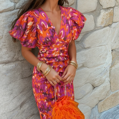 Gina | Abstrakt Muster Hochzeitsgastkleid in Orange