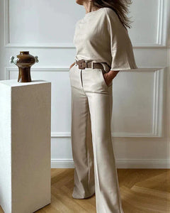 Orla - Langärmelige Bluse und Hose Set für Damen in Beige