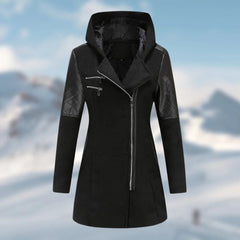 Winterjacke Damen Mit Kapuze | Lang Geschnitten Mit Reißverschluss in Schwarz