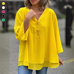 Risa - Elegantes Damen Chiffon-Top mit V-Ausschnitt und Reißverschluss in Gelb
