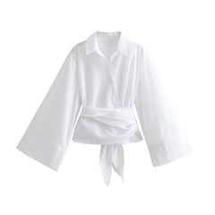 Charissa - Langärmelige Kimono-Bluse - Breiter Fliegengürtel in Weiß