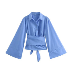 Charissa - Langärmelige Kimono-Bluse - Breiter Fliegengürtel in Blau