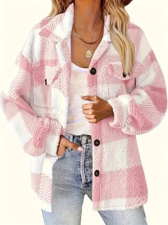 Damen Fleece Jacke mit Karomuster | Warme in Rosa