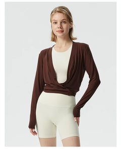 Siria | Pilates Wickelshirt Langarm in Dunkelbraun