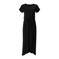 Kurzarmkleid mit Gürtel und Schlitz für Damen in Schwarz