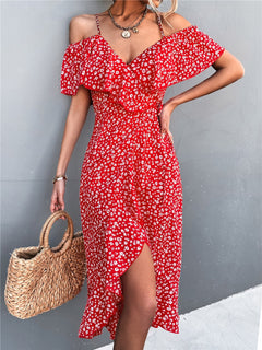 Maya - Kleid - Blumen und Off-Shoulder in Rot