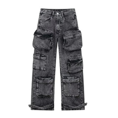 Ines - Weite Denim-Hose - Mehrfachtaschen Streetwear-Stil in Schwarz