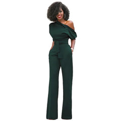 Greta | Jumpsuit mit Schrägem Kragen und Weiten Beinen in Dunkelgrün