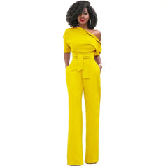 Greta | Jumpsuit mit Schrägem Kragen und Weiten Beinen in Gelb