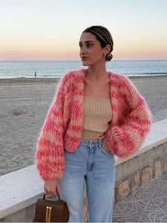 Modische Strickjacke für Damen | Offene Vorderseite in Rosa