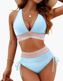 Damen Bikini Set mit Hoher Taille und Push-Up – Elegante Strandmode mit Bauchkontrolle in Hellblau