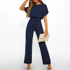 Damen-Jumpsuit Elianne mit weitem Bein und Taillenschnürung in Marineblau