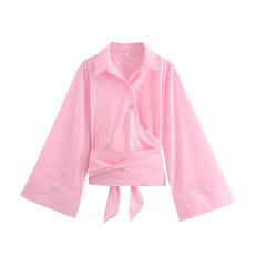 Charissa - Langärmelige Kimono-Bluse - Breiter Fliegengürtel in Rosa