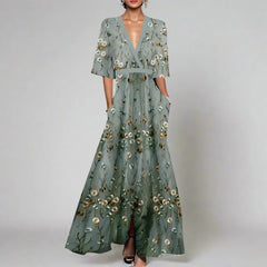 Scarlett - Elegantes Blumenkleid Damen mit Mittellangen Ärmeln in Grun