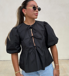 Jemima - Trendy gestreifte Bluse - Puffärmel in Schwarz