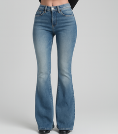 Sarah – Damen-Schlagjeans mit hohem Bund im Vintage-Stil aus Stretch-Denim in Mittelblau