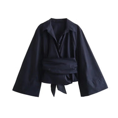 Charissa - Langärmelige Kimono-Bluse - Breiter Fliegengürtel in Marineblau