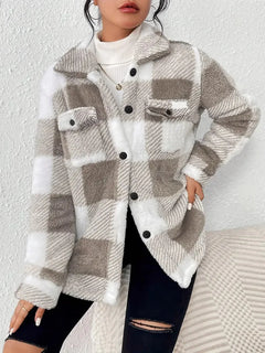Damen Fleece Jacke mit Karomuster | Warme in Khaki