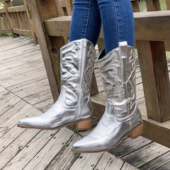 Josefa - Retro-Cowboy-Stiefel - Gesticktes Detail in Silber