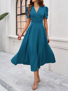Stella - V-Ausschnitt A-Line Midi-Kleid mit Puffärmeln für Damen in Blau