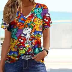 Sunna - Buntes Katzendruck T-Shirt Damen Mit Kurzarm in Mehrfarbig