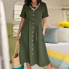 Tarelda - Damen Knopf-Front Midikleid in Armee Grün