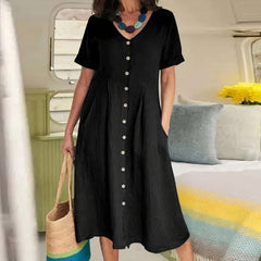 Tarelda - Damen Knopf-Front Midikleid in Schwarz