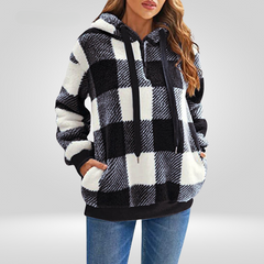 Damen Kapuzenpullover Mit Halbem Reißverschluss Und Karomuster | Strick in Schwarz