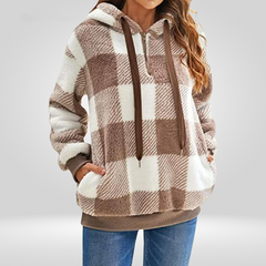 Damen Kapuzenpullover Mit Halbem Reißverschluss Und Karomuster | Strick in Beige