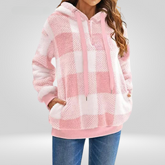 Damen Kapuzenpullover Mit Halbem Reißverschluss Und Karomuster | Strick in Rosa