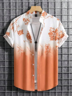 Titus - Herren Kurzarm-Hemd mit Knopfleiste und Print in Weiß-orange