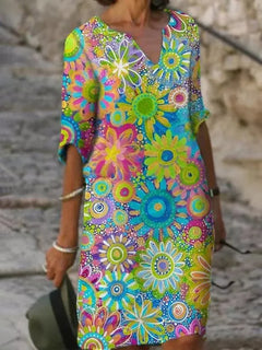 Hannah - Kleid mit V-Ausschnitt und Blumenmuster in Grün
