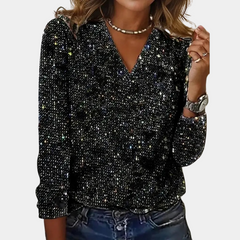 Vanessa | Stilvolles glitzerndes Top mit V Ausschnitt in Schwarz
