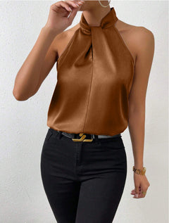 Vanna | Seidentop mit Knotenkragen in Dunkelbraun